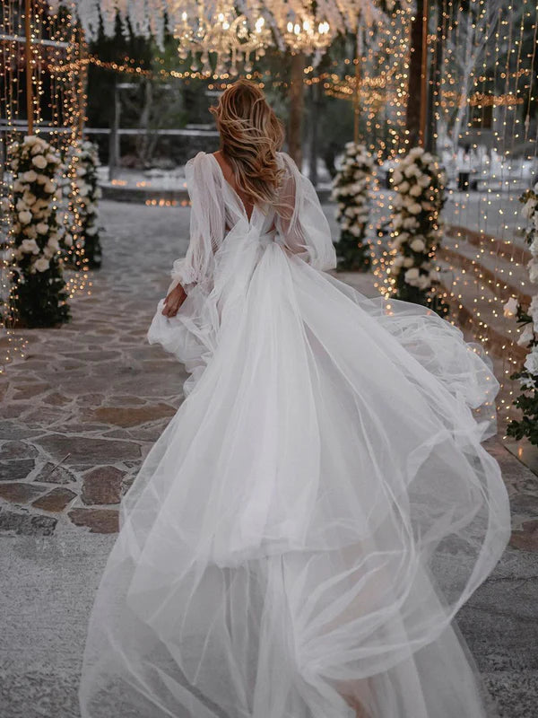 A Line Long Sleeves Wedding Gown Soft Tulle Bohemian Wedding Dress V-neck Sexy