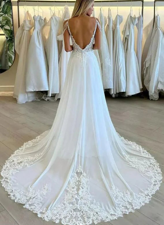 Boho Lace Open Back Wedding Dresses With Slit Floor Length Sexy with Appliques