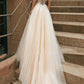 A-Line/Princess V Neck Tulle Lace Sweep Train Wedding Dresses With Lace Floor Length