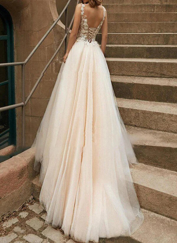 A-Line/Princess V Neck Tulle Lace Sweep Train Wedding Dresses With Lace Floor Length