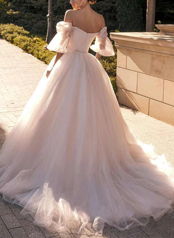Vintage Tulle Wedding Dress Off Shoulder With Sleeves Floor Length Elegant Sexy