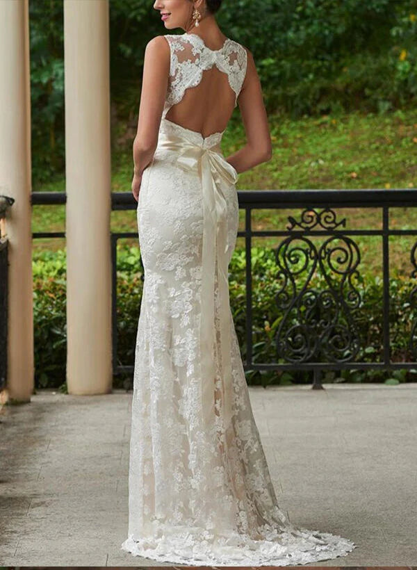 Lace Sheath/Column V-Neck Wedding Dresses With Bow(S) Sweep Train Sleeveless Elegant
