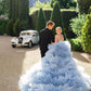 Drama Ball Gown Wedding Dress Blue Tiered Tulle Wedding Dress Off Shoulder Elegant