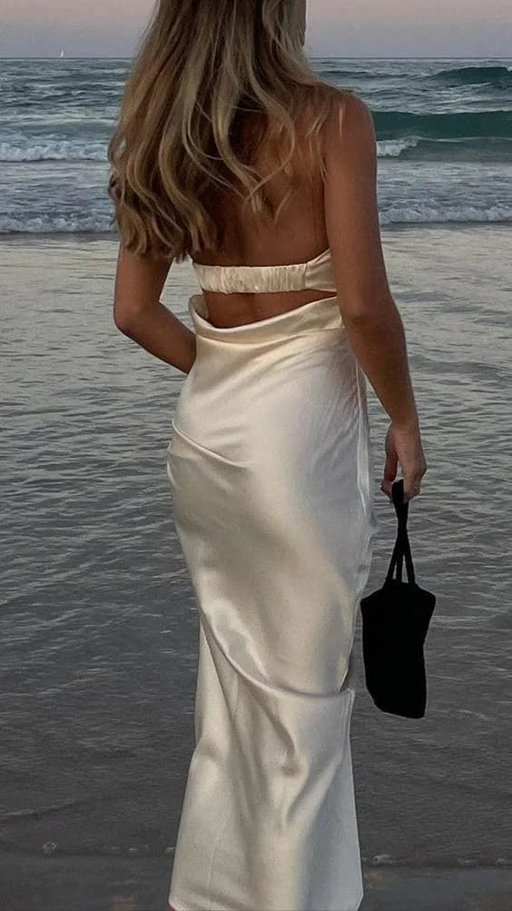 Strapless Satin Maxi Dress Simple Wedding Guest Dress Party Dress Formal Dress