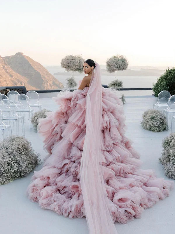Layers Tulle Ball Gown Wedding Dress Drama Pink Wedding Dress Off Shoulder Without Wedding Veil