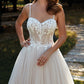 A-Line Sweetheart Sleeveless Sweep Train Tulle Wedding Dresses With Appliques Lace Elegant