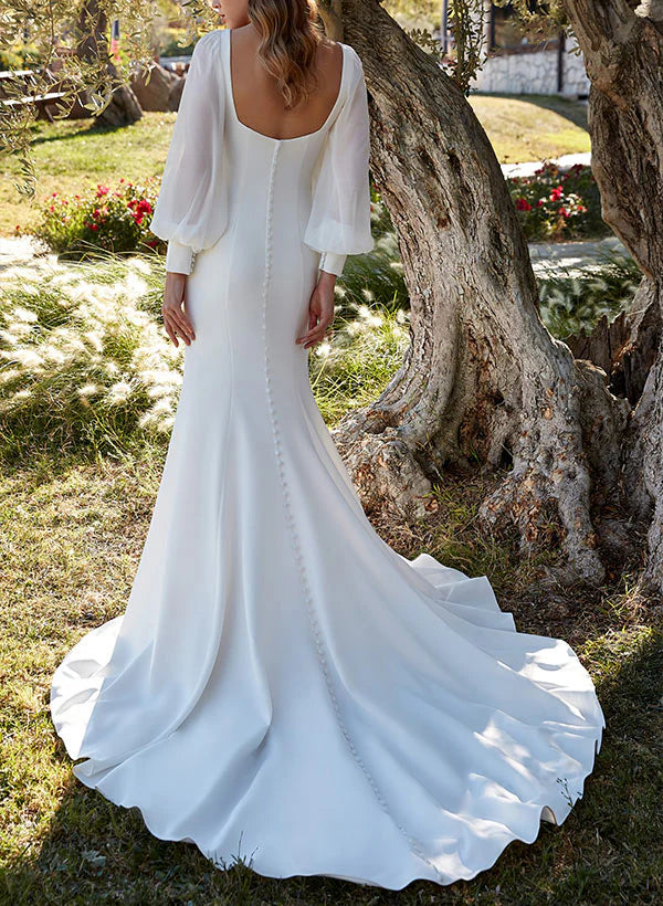 Square Neckline Long Sleeve Trumpet/Mermaid Wedding Dress With Sweep Train Solid Color Elegant