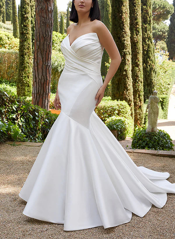 Satin Wedding Dresses Elegant Trumpet/Mermaid Style Sleeveless Off Shoulder Floor Length Simple