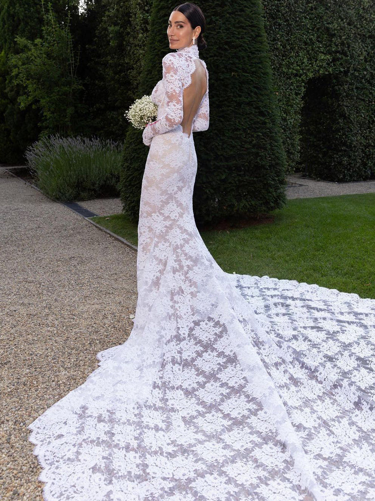 High Neck Boho Rustic Lace Wedding Dresses Vintage Sheath Wedding Dress with Train Elegant Without Wedding Veil