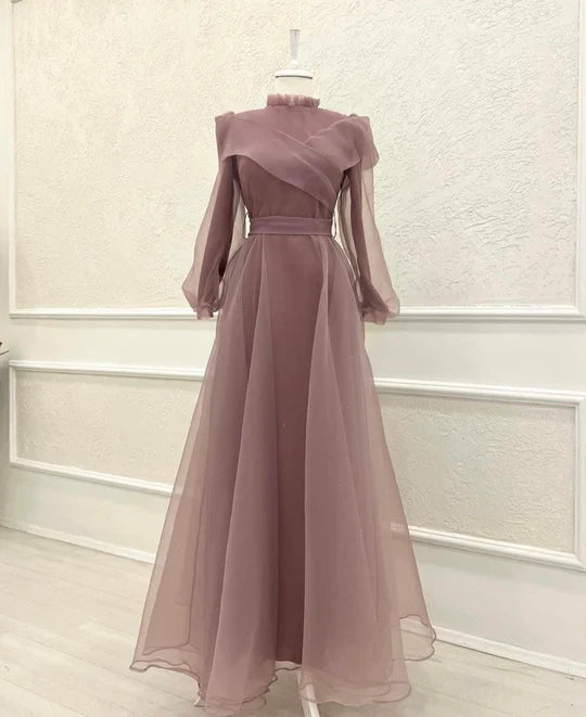 Modest Dusty Purple Chiffon Long Sleeves A-Line Formal Party Dress Elegant Evening Dress