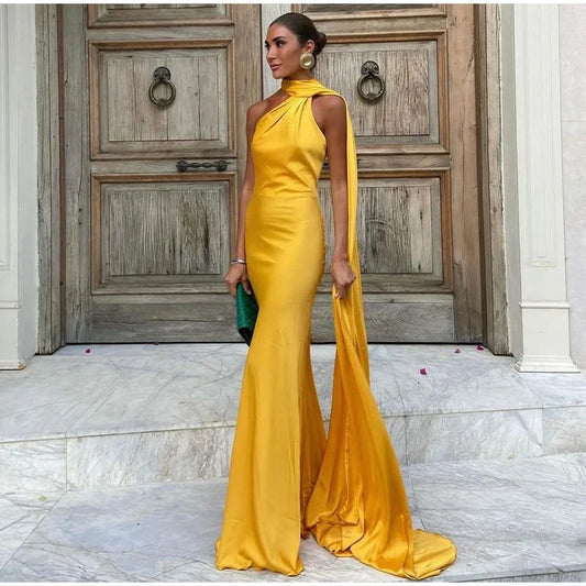 Yellow Halter Backless Mermaid Satin Long Formal Dress Evening Gown Elegant Party Dress