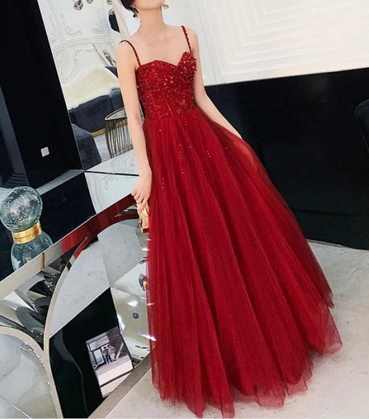 Wine Red Tulle Beaded Straps Beaded Formal Dress Evening Dress Party Dress A Line Prom Dress