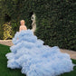 Drama Ball Gown Wedding Dress Blue Tiered Tulle Wedding Dress Off Shoulder Elegant