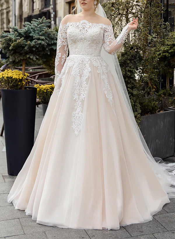 Off-The-Shoulder Long Sleeves Ball Gown Wedding Dresses With Boho Lace/Tulle Elegant