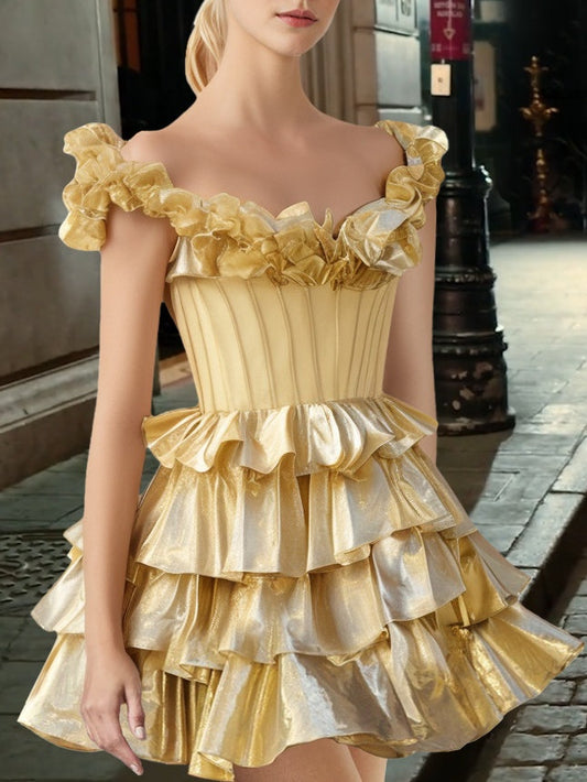 A-Line/Princess V-Neck Sleeveless Short/Mini Party Dance Cocktail Homecoming Dress With Ruffles Gold