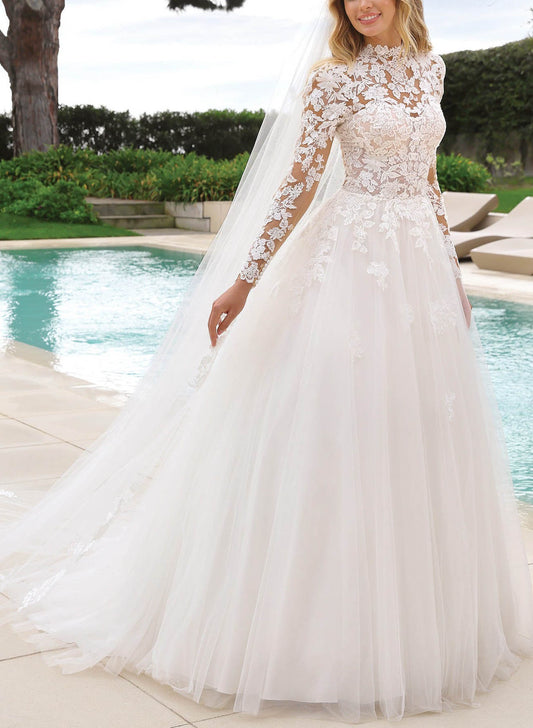 High Neck Lace Long Sleeves Ball-Gown Wedding Dresses A Line with Appliques