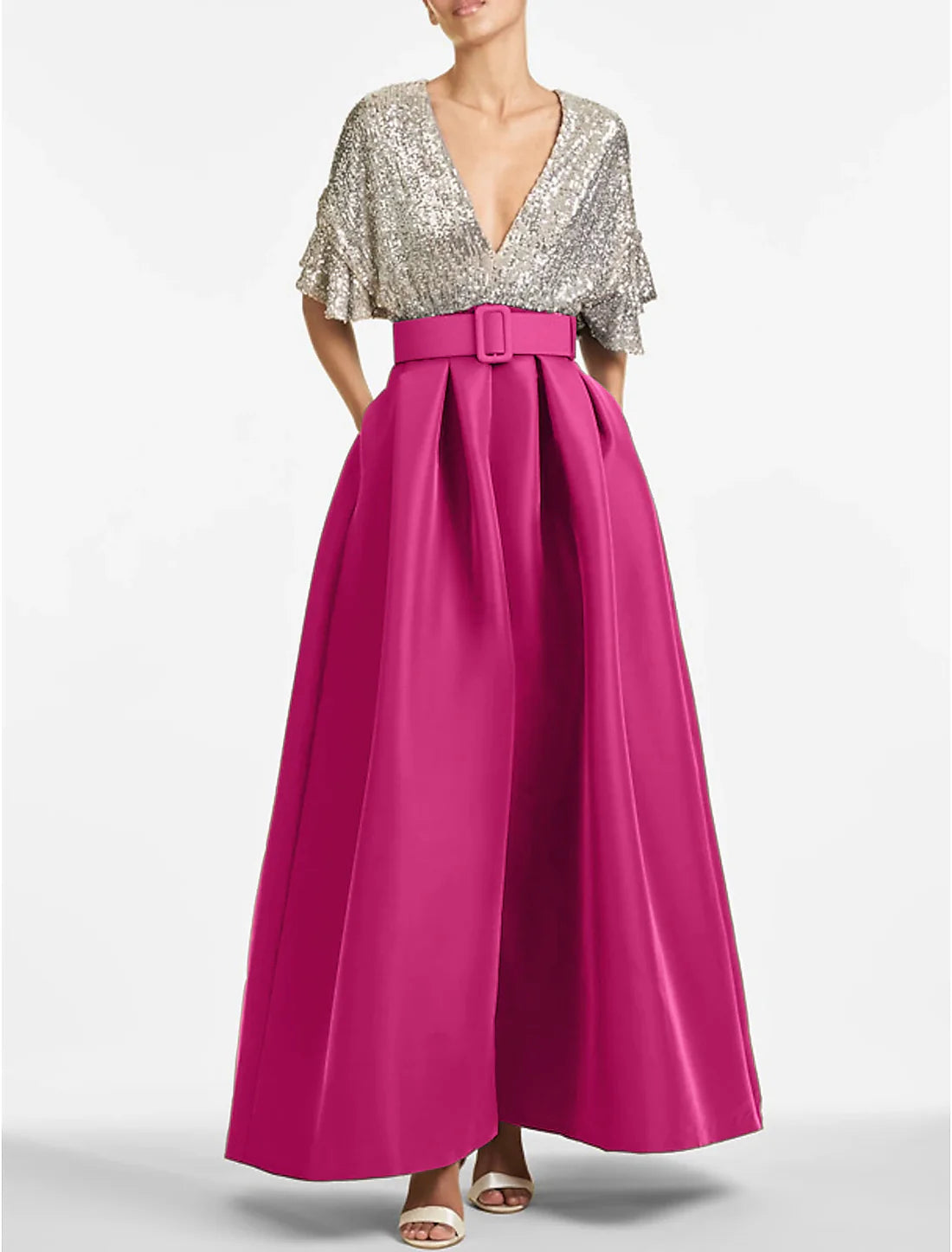 A-Line Evening Gown Party Dress Sparkle & Shine Formal Wedding Guest Dress Ankle Length Half Sleeve V Neck Fall Sequined