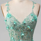 Sparkly Green A-Line Spaghetti Straps Corset Prom Dress With Appliques Beautiful With Slit