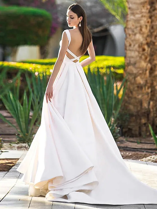A-Line Wedding Dresses Bateau Neck Court Train Polyester Cap Sleeve Beautiful Back Sexy