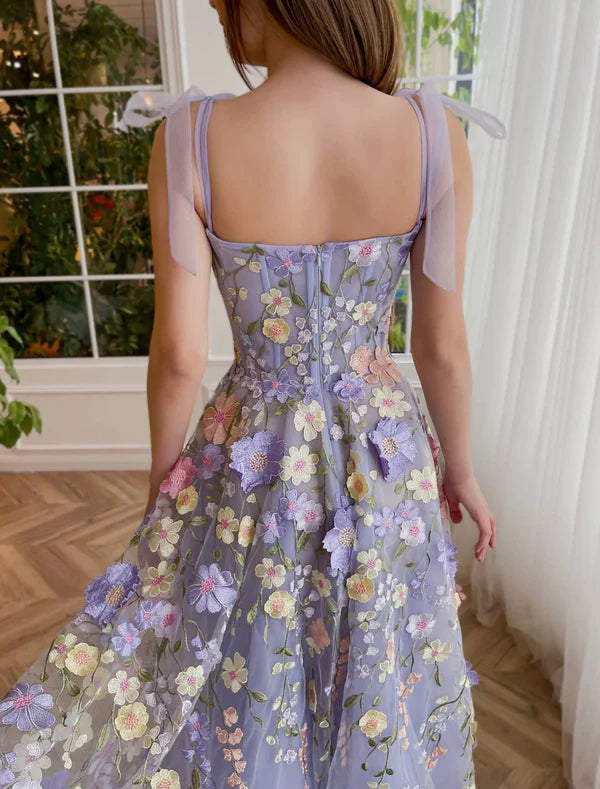 A-Line Cocktail Dresses Corsets Dress Wedding Guest Summer Tea Length Sleeveless Scoop Neck Bridesmaid Dress Tulle with Flowers