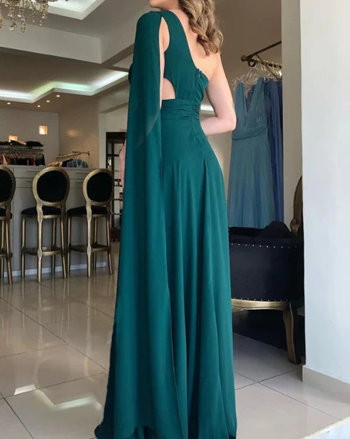 Green Chiffon Bridesmaid Dresses Wedding Guest Party Dresses One Shoulder With Slit Evening Dress