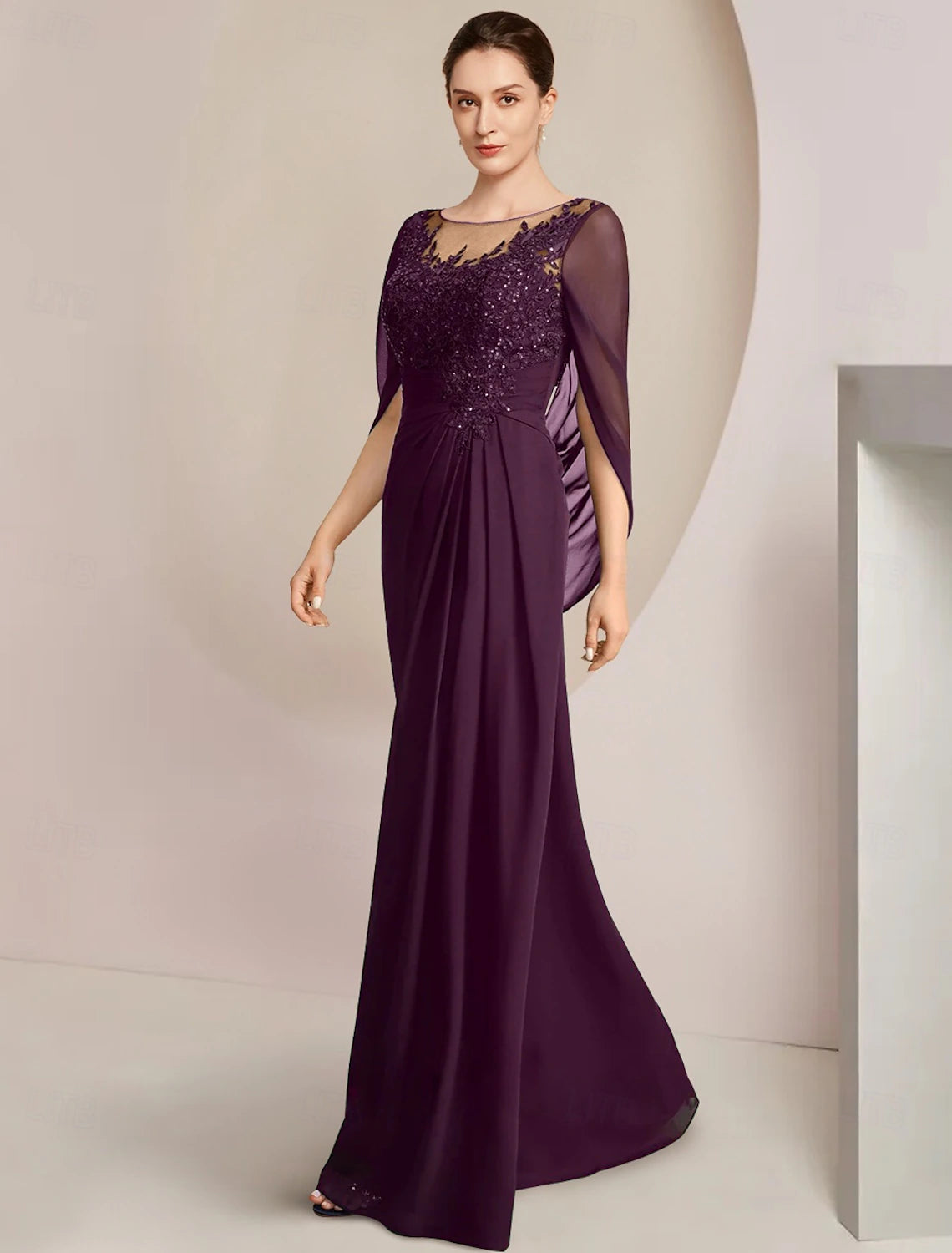 Sheath / Column Dress Mother of the Bride Dress Elegant Jewel Neck Floor Length Chiffon Half Sleeve with Lace Side-Draped