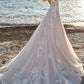A-Line V-Neck Sweep Train Tulle Bridal Gown Floor Length Wedding Dress with Appliques