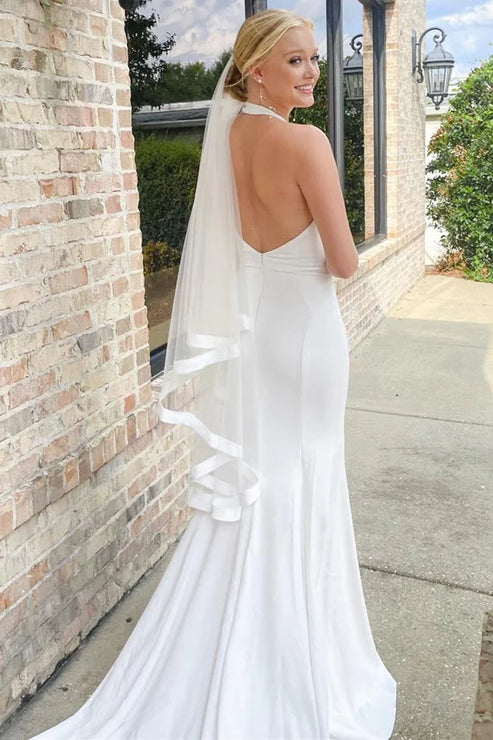 White Halter Mermaid Long Wedding Dress with Slit Open Back Elegant