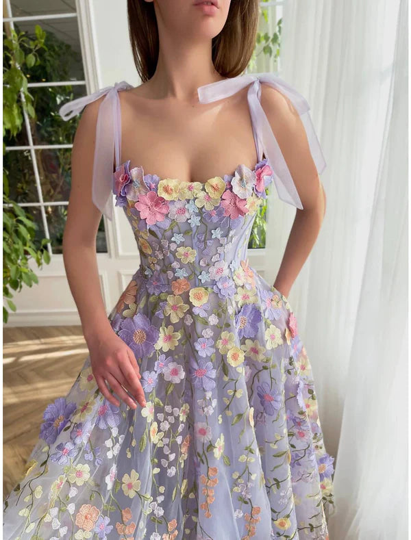 A-Line Cocktail Dresses Corsets Dress Wedding Guest Summer Tea Length Sleeveless Scoop Neck Bridesmaid Dress Tulle with Flowers