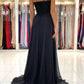 Black sweetheart A line chiffon lace long prom dress evening dress Off Shoulder With Slit