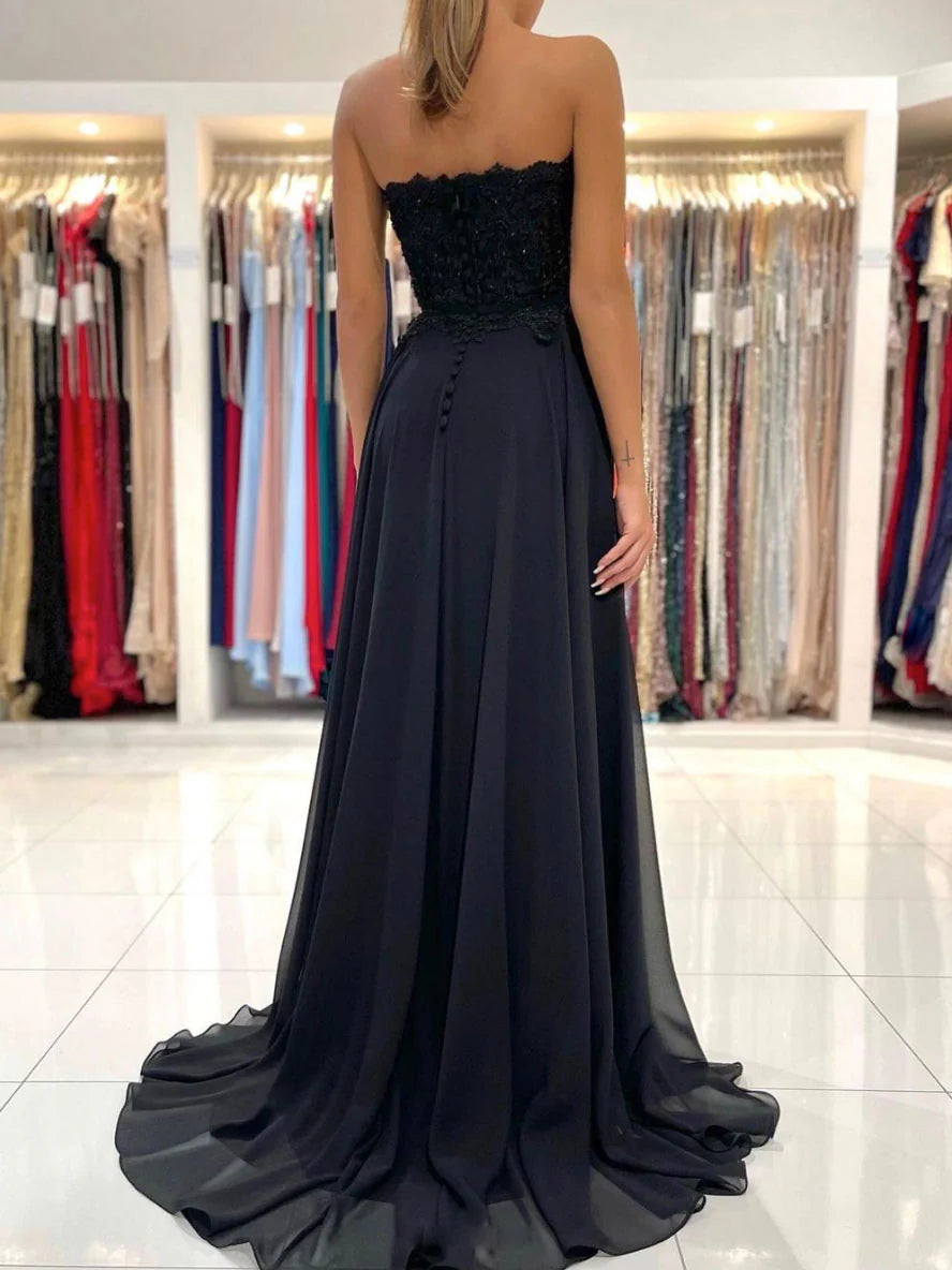 Black sweetheart A line chiffon lace long prom dress evening dress Off Shoulder With Slit