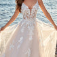 A-Line V-Neck Sweep Train Tulle Bridal Gown Floor Length Wedding Dress with Appliques