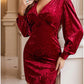 Wine Red Velvet Dress Cocktail Dress Mini Dress Long Sleeve Pure Color Ruched Fall Winter Autumn V Neck Fashion Party Dress Sexy