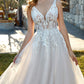 V-Neck Sweep Train Tulle Wedding Dress With Lace Sleeveless Floor Length Elegant