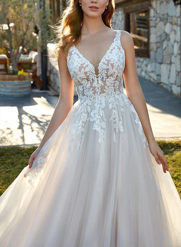 V-Neck Sweep Train Tulle Wedding Dress With Lace Sleeveless Floor Length Elegant