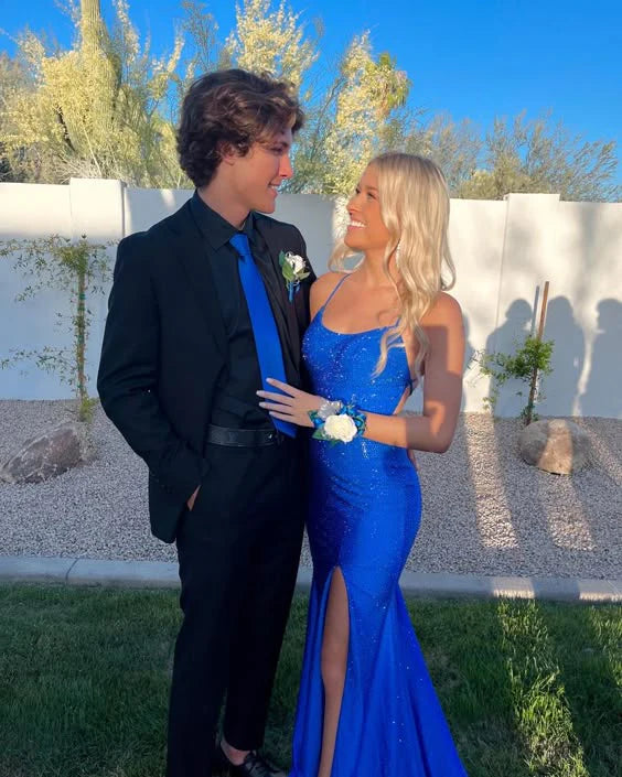 Royal Blue Straps Mermaid Long Prom Dress Evening Gown with Slit Charming Party Dress