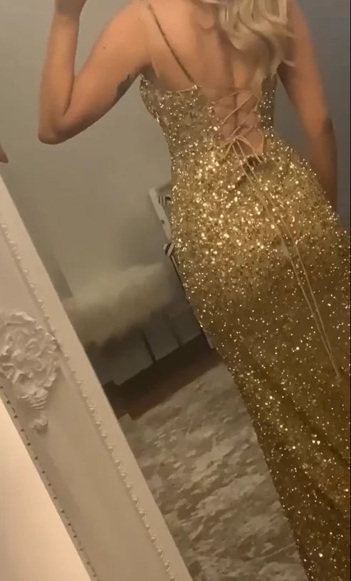 Gold Sequin V Neck Slit Prom Dress Charming Evening Dress Sparkly Party Dress
