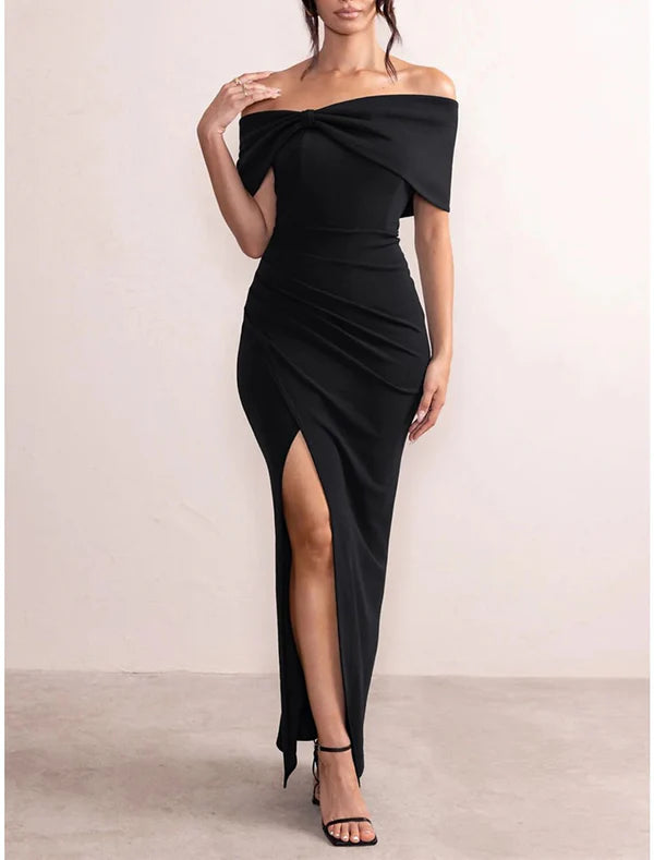 Women's Black Dress Prom Dress Party Dress Long Dress Maxi Dress Black Red Short Sleeve Plain Backless Summer Off Shoulder Elegant Wedding Guest Evening Party Vacation