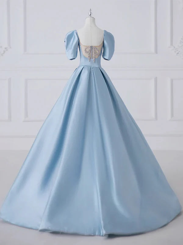 A-Line Princess Satin Blue Long Prom Dress Quinceanera Dress Elegant Evening Dress