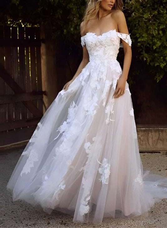 Off-The-Shoulder Tulle Lace Wedding Dress With Appliques Lace Floor Length Elegant