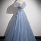 A-Line Off Shoulder Tulle Blue Long Prom Dress Long Formal Dress Floor Length Beautiful