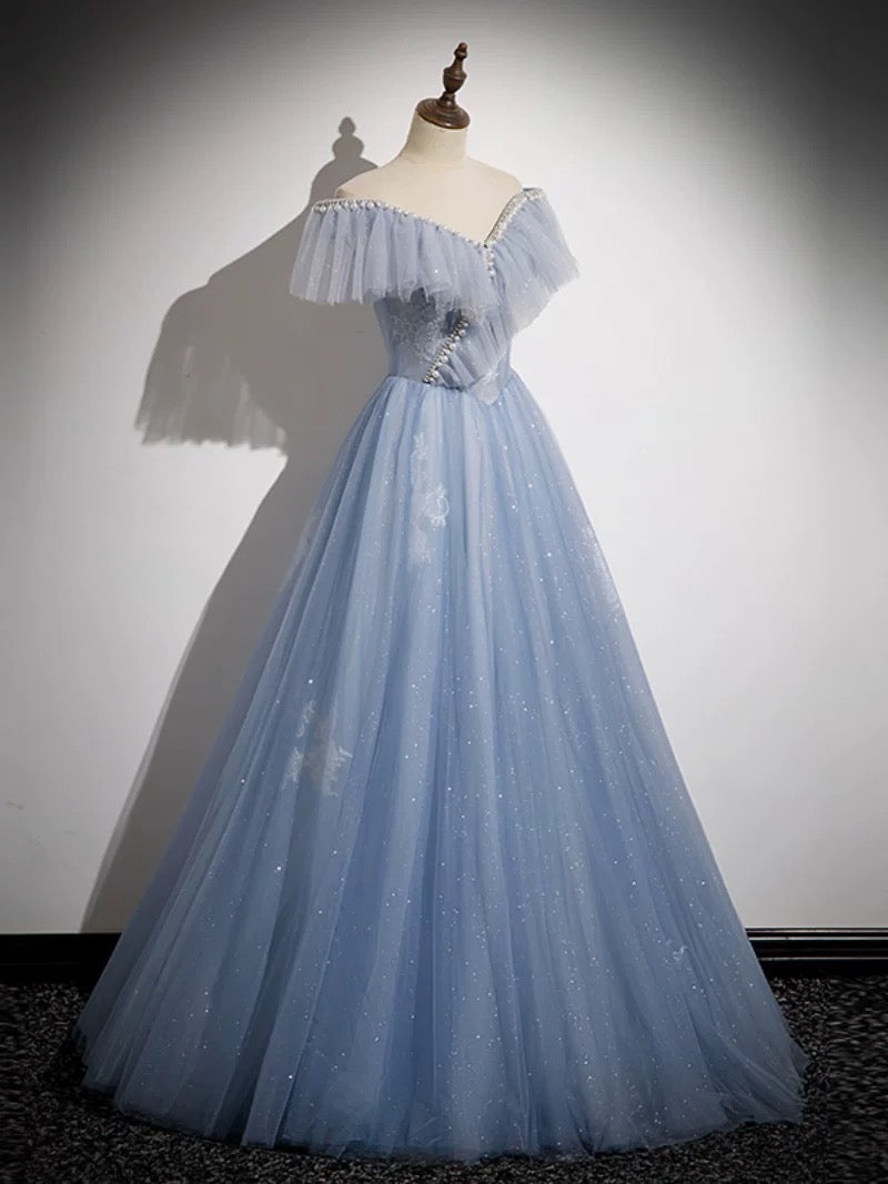 A-Line Off Shoulder Tulle Blue Long Prom Dress Long Formal Dress Floor Length Beautiful