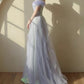 Glitter A-Line Princess Off Shoulder Tulle Sequin Purple Long Prom Dress Elegant