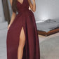 Long Sexy Bridesmaid Dresses V Neck Split A-Line Satin Evening Dresses Party Dress