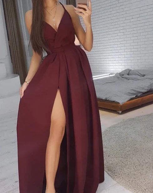 Long Sexy Bridesmaid Dresses V Neck Split A-Line Satin Evening Dresses Party Dress