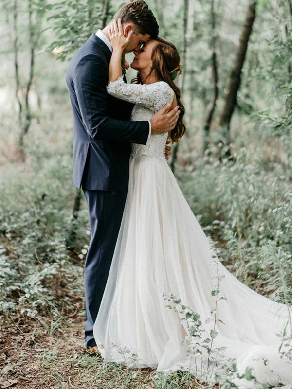 Elegant V-neck Tulle Wedding Dresses Lace A-line Bridal Gowns Floor Length Beautiful