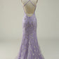 Mermaid Spaghetti Straps Purple Long Prom Dress with Beading V-neck With Slit