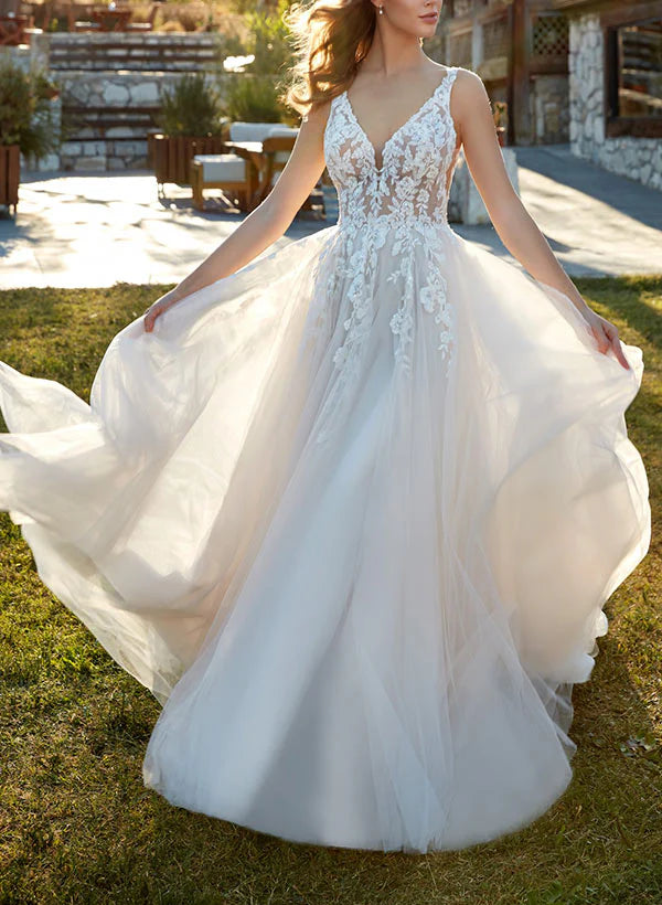 V-Neck Sweep Train Tulle Wedding Dress With Lace Sleeveless Floor Length Elegant