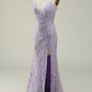 Mermaid Spaghetti Straps Purple Long Prom Dress with Beading V-neck With Slit