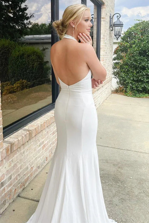 White Halter Mermaid Long Wedding Dress with Slit Open Back Elegant